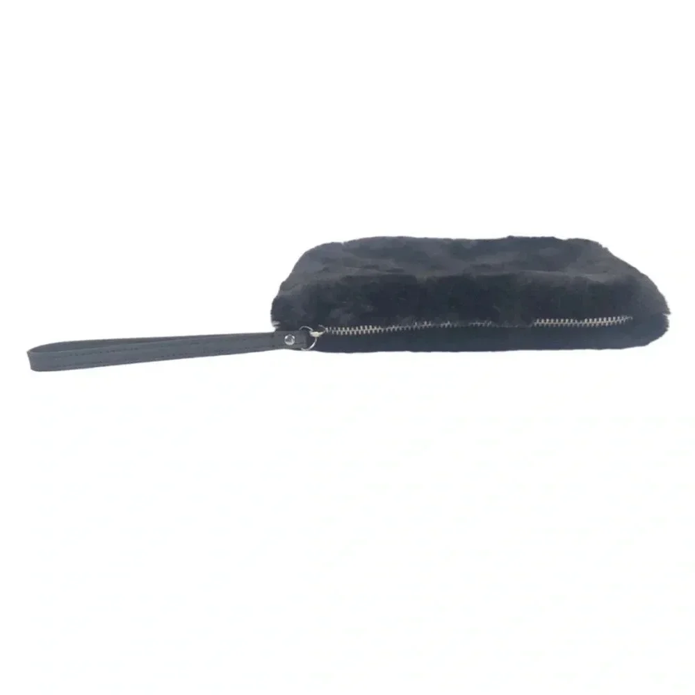 House of Harlow 1960 Black Plush Faux FurZip Wristlet Purse Bag Pinup NWT